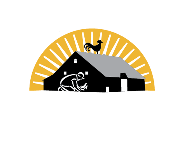 Logo_White Logo featuring a farmer tending to crops in front of a barn, with a rooster perched on the roof and a sunburst background, symbolizing agriculture and rural life.